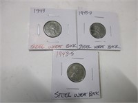 1943, 1943 D & 1943S steel wheat back pennies