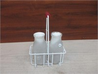 Pink Milk Bottles in Metal Carrier