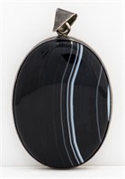 Victorian Silver Oval Black Banded Agate Pendant