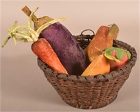 Antique Woven Basket with Five Velour Fruits.