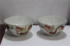 A Pair of Vintage Chinese Dragon and Phoenix Bowls