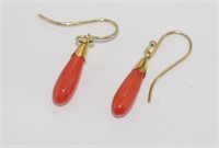 Italian coral red drop earrings on 9ct gold hooks