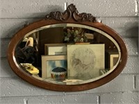 Antique Mirror W/Oak Frame, Beveled, 19in X 26in
