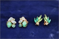 Vntg Mint & Green Rhinestone Clip On Earrings