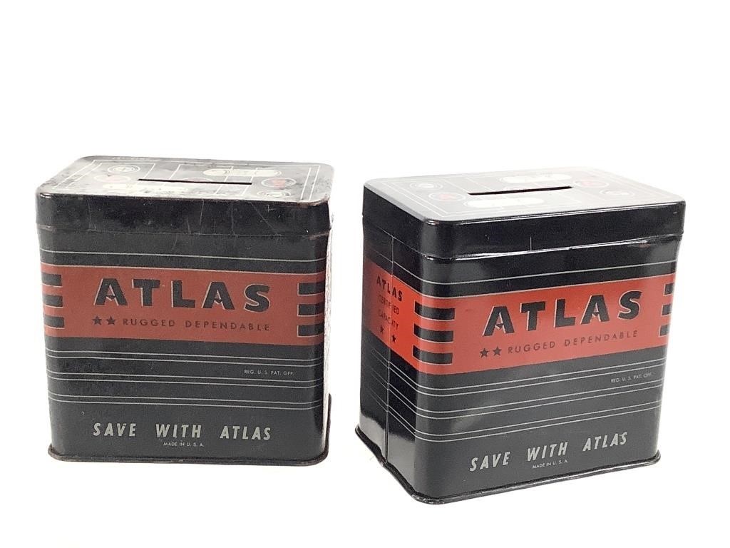 2 Vtg 1950s Atlas Coin Bank Battery Shaped Steel