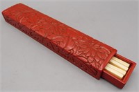 Signed Cinnabar Lacquer Carved Box & Chopsticks