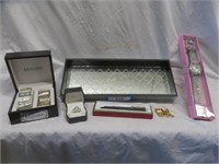 MIRRORED TRAY WITH SHEAFFER PEN, ENAMELED TRAIN