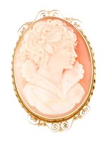 14k Gold Shell Cameo Lady Face Brooch Pendant