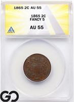 1865 Two Cent Piece, Fancy 5, AU55 Guide: 150
