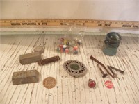 MARBLES, LEAD, INSULATOR, WOODEN NICKLE, NAILS