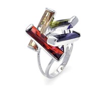 Sterling Silver Multi Color Crystal Bar Ring