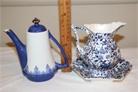 Bombay Blue & White Coffee Pot plus Pitcher/Bowl