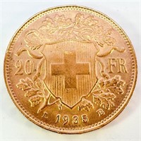 1935 20 Franc Helvetia Gold Coin