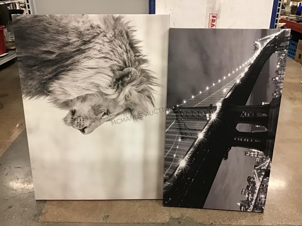 Manhattan Bridge & Lion B&W Prints on Canvas -
