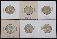6 Washington Silver Quarters - All 1964-D