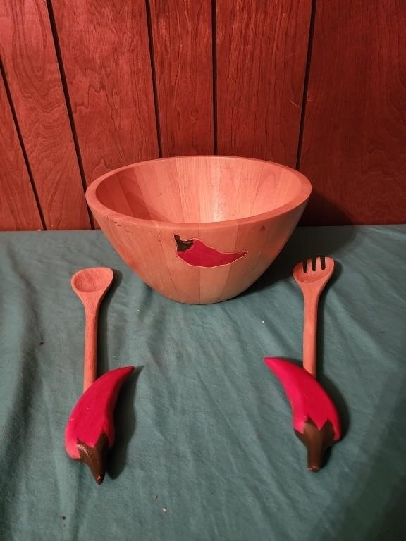 Clay Art chili pepper wooden salad bowl set 12x6