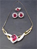 (3) Piece Gold-Toned Jewelry Set w/ Red Stones