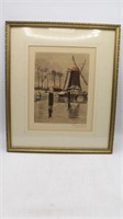 Signed Windmill Print w/Gold Frame