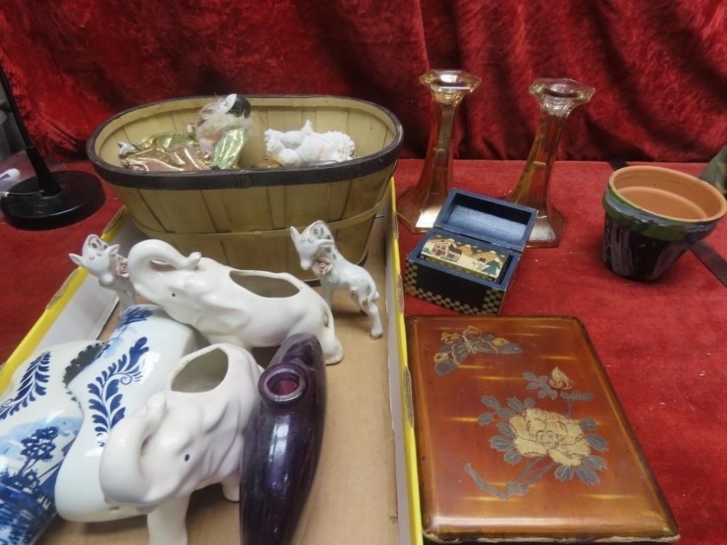 Candle sticks, Delft shoes, basket, figures.