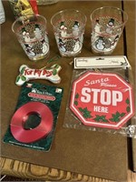 3 xmas glasses, dog ornament and other decor