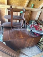 Wooden shelf, and wooden cabinet, assorted items