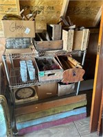 Glasses, wire shelf, Pepsi wooden box, Jars, and