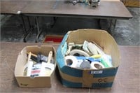 Box of Painting Supplies. Brushes, Tape, Trowel &