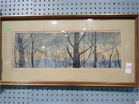 FRAMED WOODBLOCK PRINT OF TREES BY G BOWMAN 27x14
