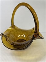 Old Amber Glass Basket w/handle scalloped rim