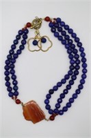 Blue Art Glass & Stone  Beaded Necklace