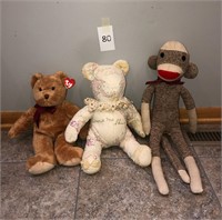 Stuffed Collectible Bears and Sock Monkey