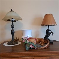 Contents of Dresser, Horse Lamp, Sheets, Linens