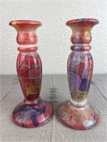 Lot of 2 Multi Color Glass Candle Holders