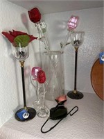 GLASS FLOWER LOT & PAIR OF CANDLE HOLDERS
