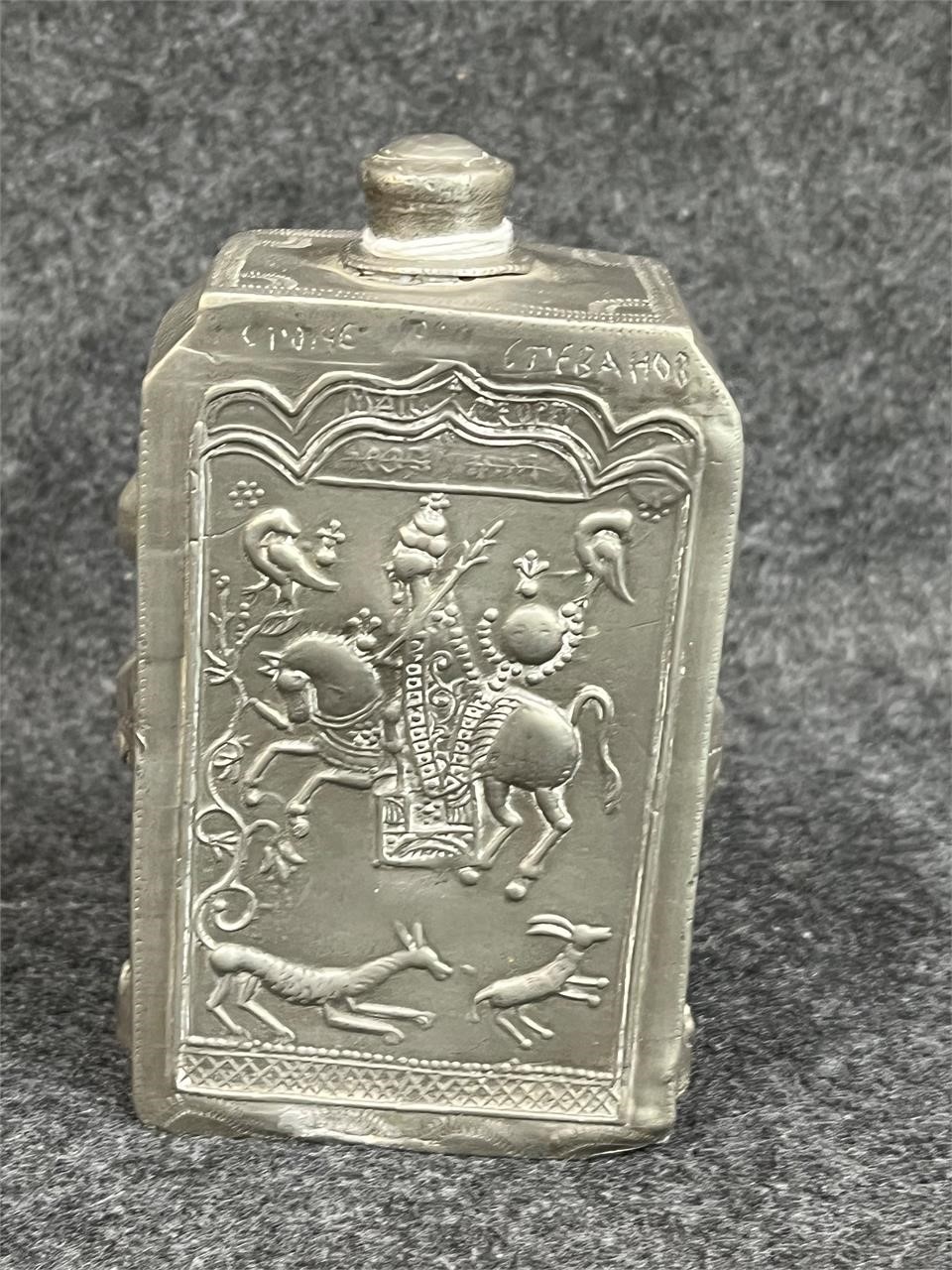 Antique Pewter Decorated Powder Flask