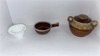 McCoy soup bowl, brown dripped bean pot, milk