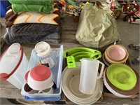 dishes, pitchers, plastic bowls