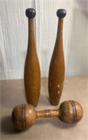 Vintage Wooden Juggling Pins & Wooden Dumbbell