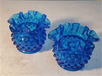 Pair of blue hobnail mini vases