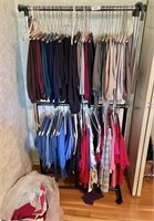 2-tier clothes rack and contents, bag of clothes