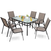 7PCS Patio Dining Set 6 Stackable Chairs Glass