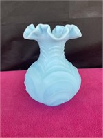 Fenton satin blue drape swirl, ruffle, 8" vase