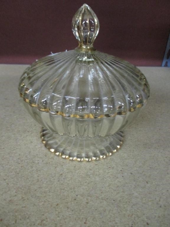 Vintage Gold Trim Jeannette Footed Bowl w Lid
