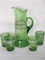 Vintage green glass hand-painted pitcher