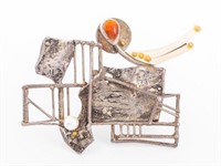 Albert Paley Manner Pearl Fire Opal Silver Brooch