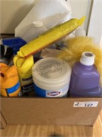 2 Box lot of cleaning supplies, iron, blow dryer,