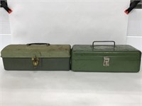 Two vintage green tackle boxes with accessories