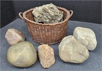 (F) A Basket Of Various Rocks Including One Spray