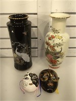2 Shibata vases, metal wall mask & pottery wall