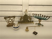 3 brass menorahs, trinket box & snuffer